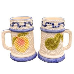 5 White Signed Ceramic Mugs With Fruit Design Made In Mexico With Fruit Design